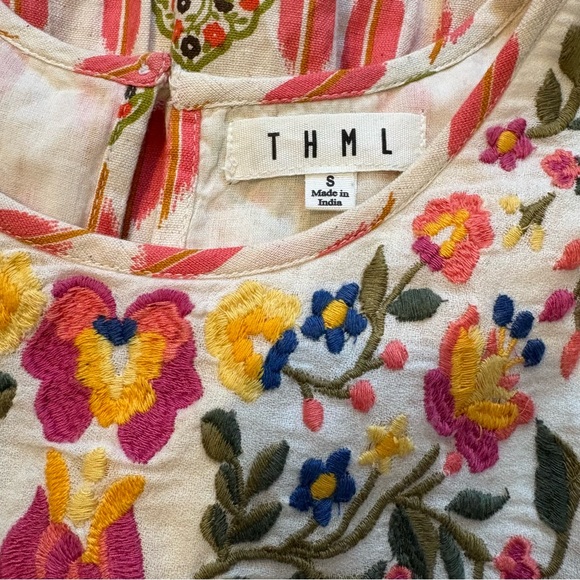 THML Charlene Colorful Floral Embroidered Cotton & Linen Dress, Sz S - Picture 14 of 15